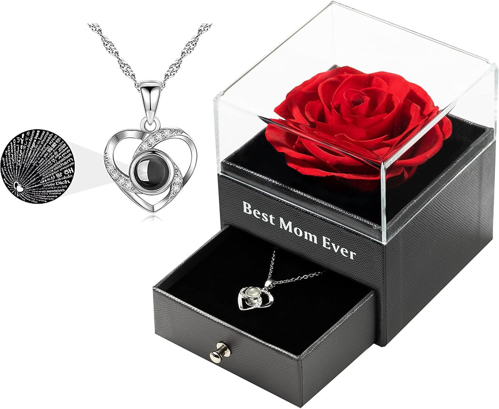Mothers Day Gift Preserved Real Rose Preserved Rose Flower with Necklace 100 Languages Gift, Enchanted Real Rose Flower for Mother'S Day Gifts for Her (Red)