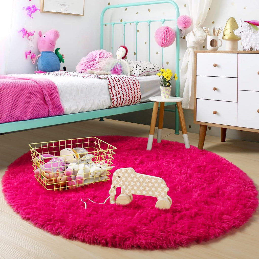 Hot Pink round Rugs 5Ft for Girls Bedroom, Fluffy Circle Area Rug for Kids Room Decor Aesthetic, Shag Plush Fuzzy Furry Carpet for Living Room, Nursery, Dorm, Classroom, Teen, Cute Princess Baby Rug