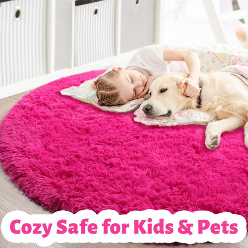 Hot Pink round Rugs 5Ft for Girls Bedroom, Fluffy Circle Area Rug for Kids Room Decor Aesthetic, Shag Plush Fuzzy Furry Carpet for Living Room, Nursery, Dorm, Classroom, Teen, Cute Princess Baby Rug