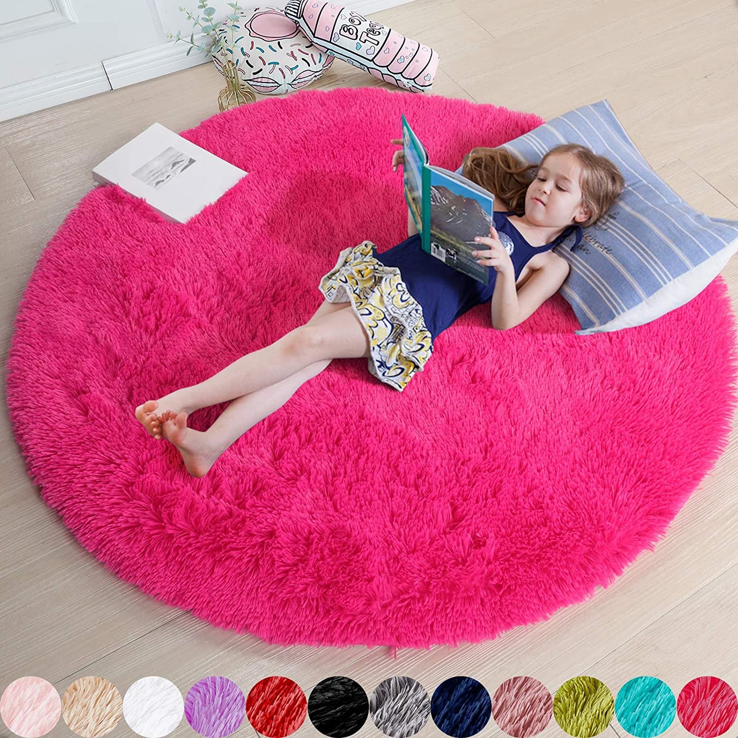 Hot Pink round Rugs 5Ft for Girls Bedroom, Fluffy Circle Area Rug for Kids Room Decor Aesthetic, Shag Plush Fuzzy Furry Carpet for Living Room, Nursery, Dorm, Classroom, Teen, Cute Princess Baby Rug